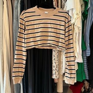 Aritzia/TNA 100% cotton cropped tan long sleeve with navy/pink/green stripes
